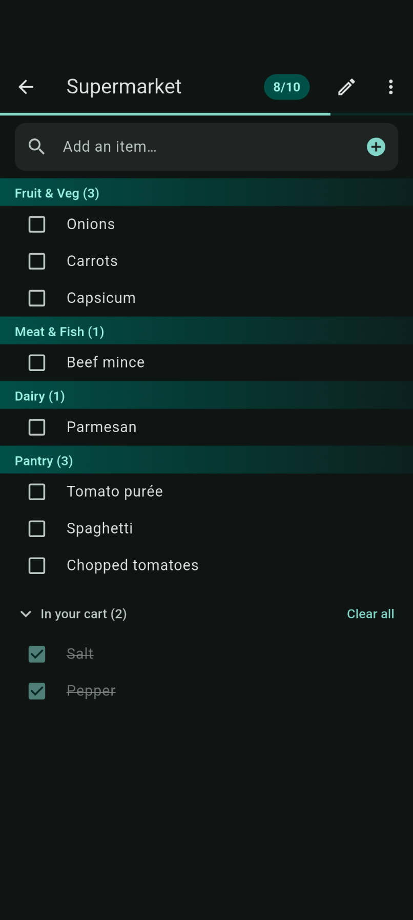Dark mode list showing In your cart section