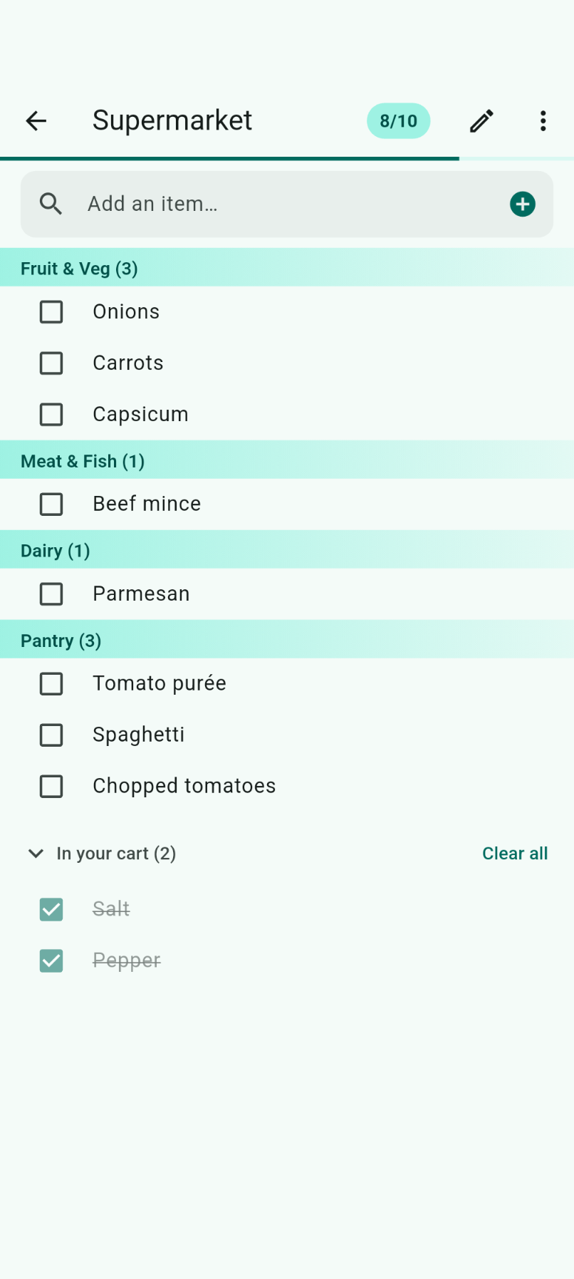 Shopping list with categories in light mode